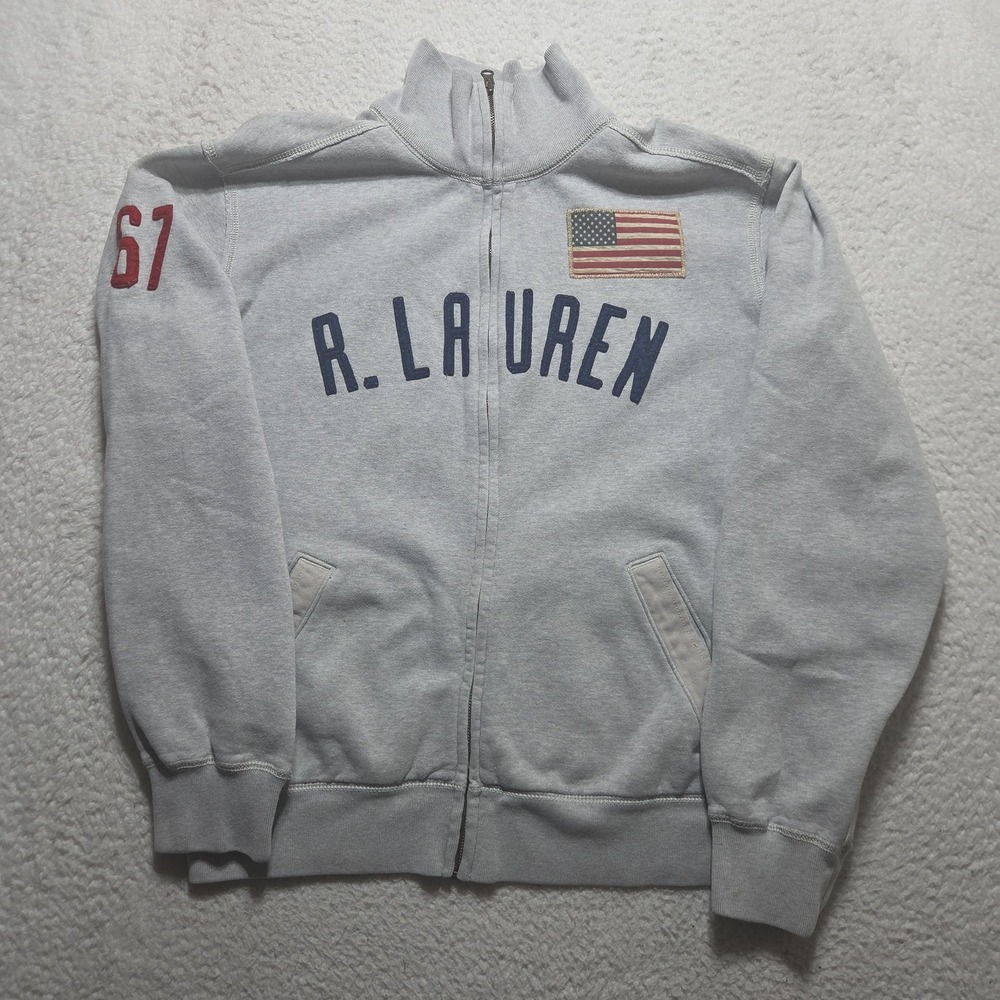VTG Ralph Lauren Fleece Jacket Large Gray Full Zip USA FLAG‎ PATCH Embroidered